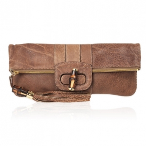 Pre Owned Gucci Brown Leather 'Lucy' Foldover Clutch
