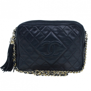 Pre Owned Chanel Black Lambskin Camera Bag With Tassel