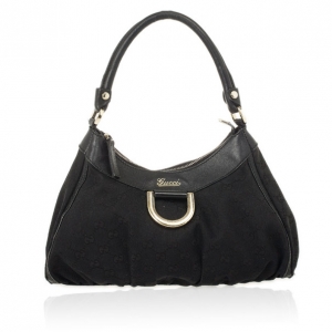 Pre Owned Gucci Black GG Canvas D Gold Hobo Bag
