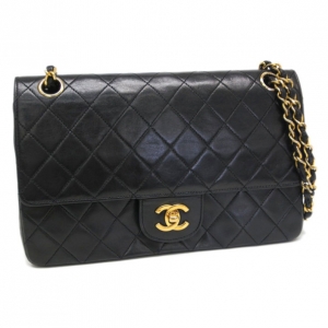 Pre Owned Chanel Black Lambskin Medium Flap
