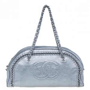 Pre Owned Chanel Luxe Ligne Silver Leather Chain Trim Large Bowler Boston Duffel Bag