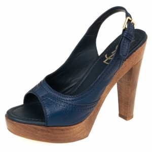 Pre Owned Yves Saint Laurent Blue Leather Wooden Slingback Sandals Size 37