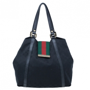 Pre Owned Gucci Black GG Canvas Ladies Web Large Hobo