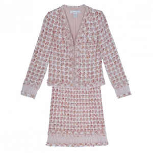Pre Owned Oscar de la Renta Peach Tweed Skirt Suit M