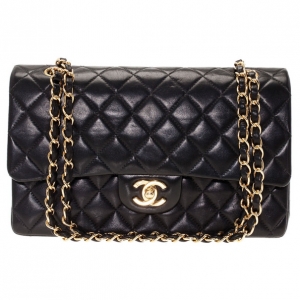 Pre Owned Chanel Black Lambskin Double Flap Medium Shoulder Bag