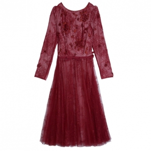 Pre Owned Tadashi Shoji Red Lace Embellished Dress M