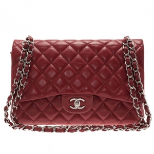 Pre Owned Chanel Dark Red Caviar Jumbo Double Flap Bag