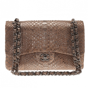 Pre Owned Chanel Gold Python Jumbo Double Flap Bag
