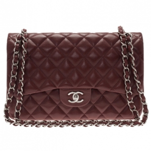 Pre Owned Chanel Burgundy Caviar Jumbo Double Flap Bag