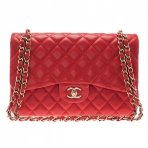 Pre Owned Chanel Red Lambskin Jumbo Double Flap Bag