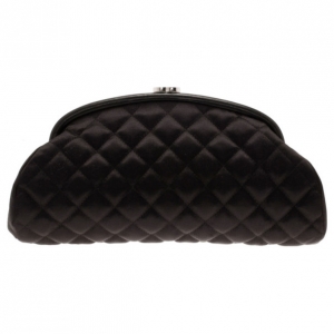 Pre Owned Chanel Black Quilted Fabric Leather Trim Mademoiselle Clutch