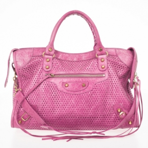Pre Owned Balenciaga Sorbet Pink Perforated Classic Gold City Bag
