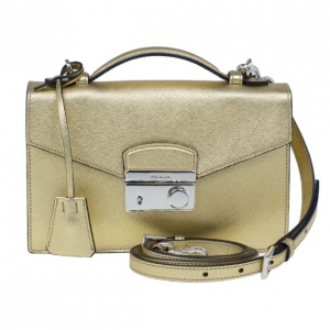 Pre Owned Prada Gold Saffiano Leather Mini Flap Crossbody Bag