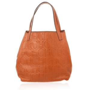 Pre Owned Carolina Herrera Burnt Orange Matryoshka Monogram Leather Tote