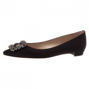 Pre Owned Manolo Blahnik Black Satin Hangisi Ballet Flats Size 38