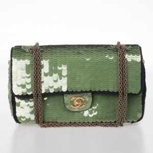 Pre Owned Chanel Green Paillette Flap Bag