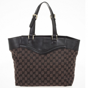 Pre Owned Gucci Monogram Medium Tote with Brown Leather Trim