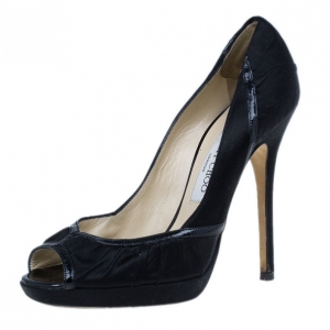 Pre Owned Jimmy Choo Black Pleated Satin Peep Toe Platform Pumps Size 38