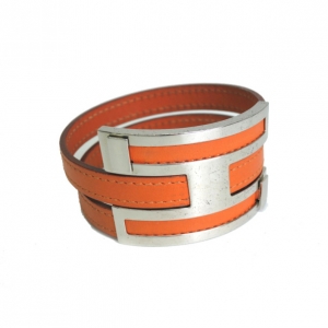 Pre Owned Hermes Wide Bracelet Orange Veau Leather Bracelet