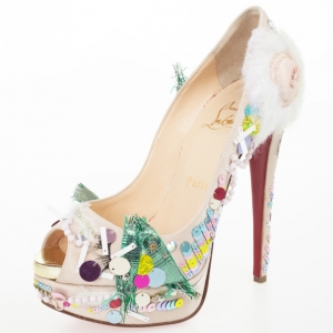Pre Owned Christian Louboutin Satin 'Make Up Trash' Lady Peep Toe Platform Pumps Size 36