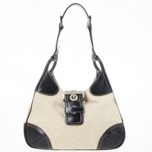 Pre Owned Prada Black Leather and Canvas Moon Hobo Bag