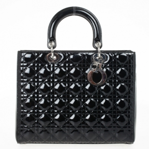 Pre Owned  Christian Dior Black Patent Leather Lady Dior Large Bag