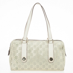 Pre Owned Gucci Beige and Metallic Monogram Charmy Boston Bag