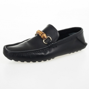 Pre Owned Gucci Black Leather Bamboo Horsebit Loafers Size 40