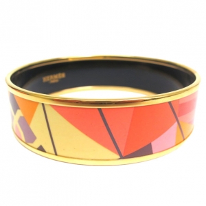 Pre Owned Hermes Wide Printed Enamel Gold-Plated Orange Bracelet 19CM