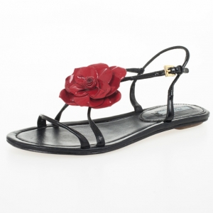 Pre Owned Prada Black Patent Leather Flower Flat Sandals Size 36.5