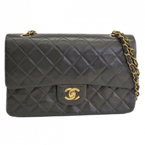 Pre Owned Chanel Black Lambskin Medium Double Flap Shoulder Bag