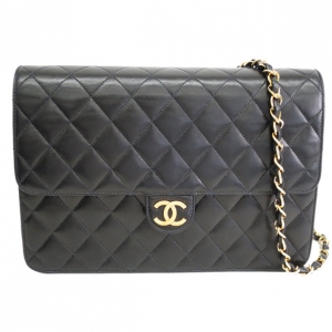 Pre Owned Chanel Black Lambskin Single Flap Shoulder Bag