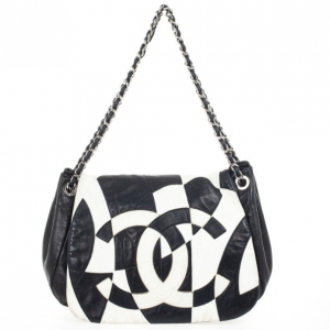 Pre Owned Chanel Black and White Patchwork Soft Flap Bag