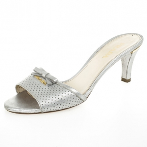 Pre Owned Prada Silver Perforated Saffiano Bow Slides Size 38