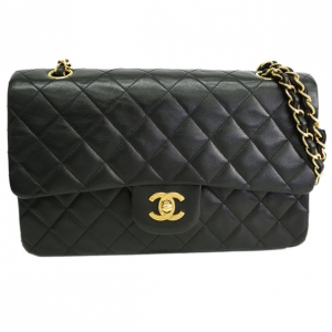 Pre Owned Chanel Black Lambskin Medium Double Flap Shoulder Bag