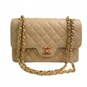 Pre Owned Chanel Beige Lambskin Double Flap Bag
