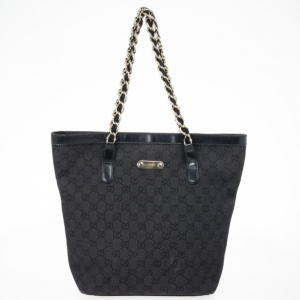 Pre Owned Gucci Black GG Canvas Capri Chain Large Tote Bag