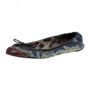 Pre Owned Dolce and Gabbana Fabric and Leather Lace Up Ballet Flats Size 37.5