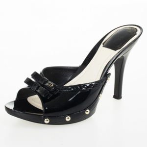 Pre Owned Christian Dior Black Patent Leather Idyll Slides Size 37.5
