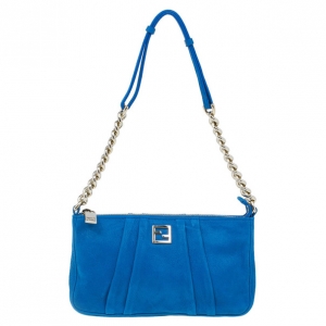 Pre Owned Fendi Blue Pleated Soft Leather Pochette
