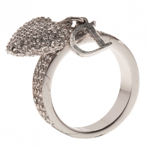 Pre Owned Dior Crystal Heart Charm Crystal Ring Size 50.5