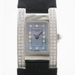 Pre Owned Chaumet Classic SS Leather Blue Mother of Pearl and Diamond Womens Wristwatch 38 MM