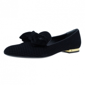 Pre Owned Louis Vuitton Black Suede Petit Damier Suit Up Smoking Slippers Size 38.5