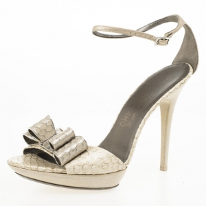 Pre Owned Salvatore Ferragamo Dusty Pink Fish Scale Leather Bow Sandals Size 40