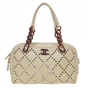 Pre Owned Chanel Beige Perforated Leather Bowler Bag