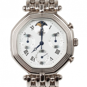 Pre Owned Rama Swiss Watch Moonphase SS Silver Chronograph Moon Phase Unisex Wristwatch 34 MM