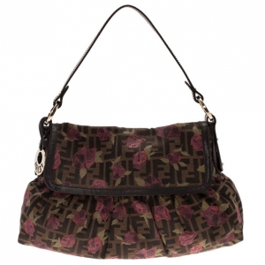 Pre Owned Fendi Tobacco Zucca Canvas Chef Rose Print Medium Bag