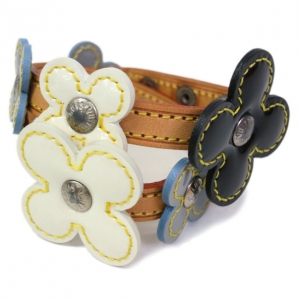 Pre Owned Louis Vuitton Black and White Leather Flower Bracelet