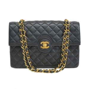 Pre Owned Chanel Black Lambskin Double Chain Single Flap Shoulder Bag