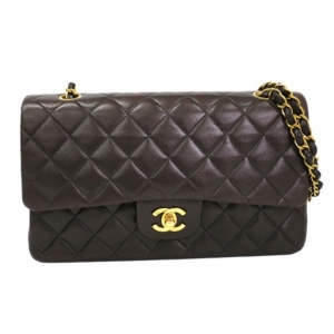 Pre Owned Chanel Black Lambskin Classic Medium Double Chain Flap Shoulder Bag